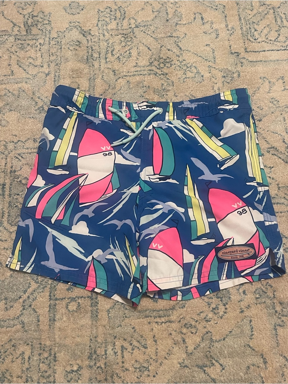Vineyard Vines Navy Sailboat Print Swim Shorts with Pink & Green Accents